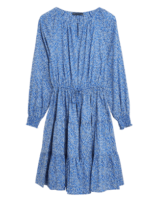 

Womens M&S Collection Pure Cotton Ditsy Floral Waisted Dress - Blue Mix, Blue Mix