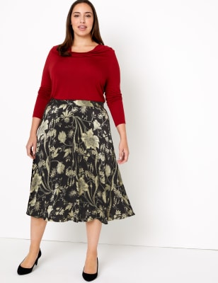 Floral Print Fit Flare Midi Skirt