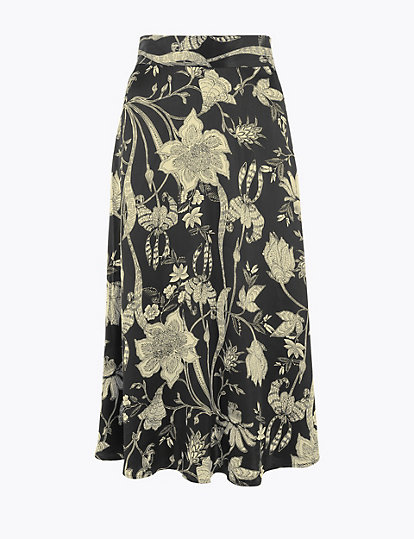 Floral Print Fit & Flare Midi Skirt