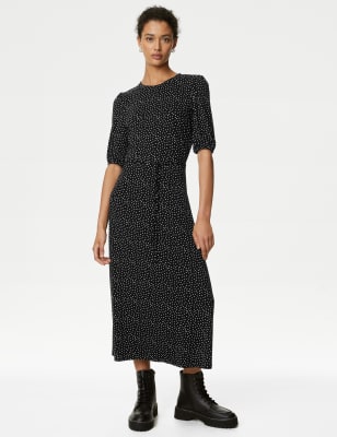

Womens M&S Collection Gemustertes Midi-Teekleid aus Jersey mit Gürtel - Black Mix, Black Mix