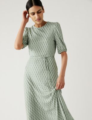 Jersey Printed Belted Midi Tea Dress