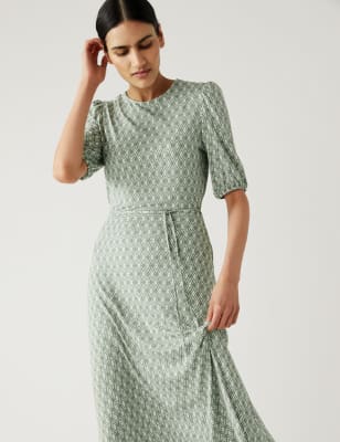 Jersey Printed Belted Midi Tea Dress - ID