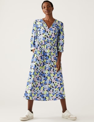 Printed Tie Neck Puff Sleeve Midi Dress