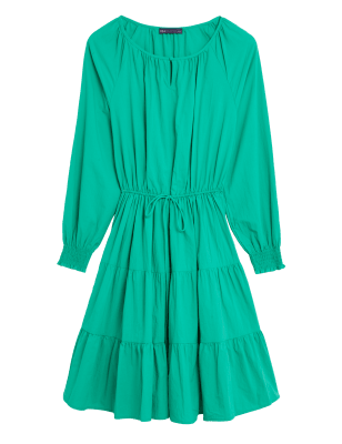 

Womens M&S Collection Bequemes Stufenkleid aus reiner Baumwolle mit Bindegürtel - Green, Green