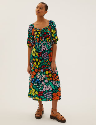 floral print tie neck shirred waist dress