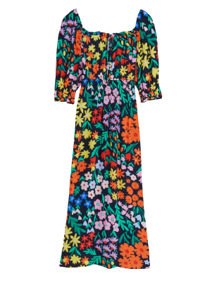 

Womens M&S Collection Tailiiertes Midi-Kleid mit Blumenmuster und Bindekragen - Multi, Multi