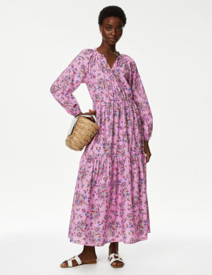 Pure Cotton Printed V-Neck Midaxi Shirt Dress | M&S US