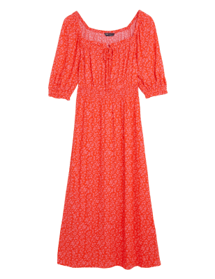 

Womens M&S Collection Tailliertes Midi-Kleid mit Muster und Bindekragen - Coral Mix, Coral Mix