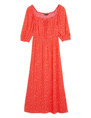 

Womens M&S Collection Printed Tie Neck Midi Waisted Dress - Coral Mix, Coral Mix