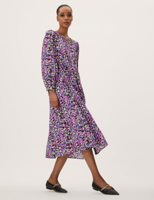 The V Neck Floral Midi Dress - Women's Puff Sleeve V Neck Floral