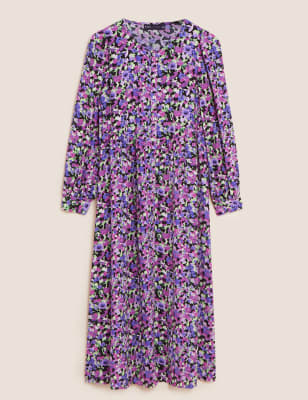 

Womens M&S Collection Floral V-Neck Puff Sleeve Midi Tiered Dress - Purple Mix, Purple Mix