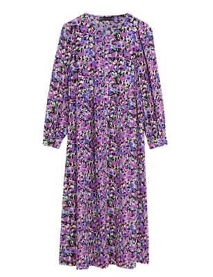 M&S Womens Floral V-Neck Puff Sleeve Midi Tiered Dress