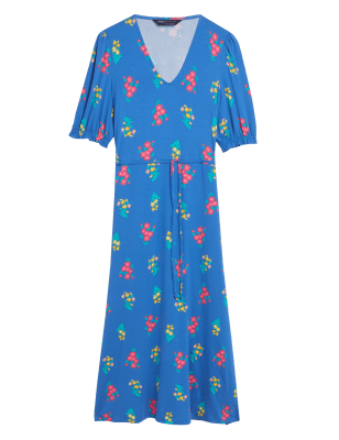 

M&S Collection Vestido de tarde de punto a media pierna floral de escote en picoWomens - Blue Mix, Blue Mix