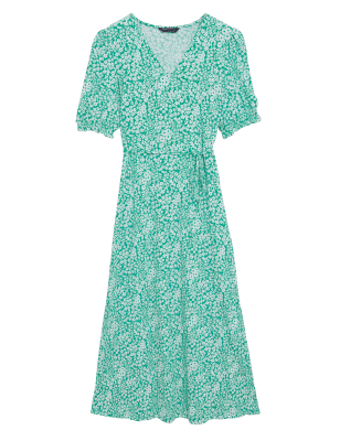 

Womens M&S Collection Geblümtes Midi-Teekleid aus Jersey mit V-Ausschnitt - Green Mix, Green Mix