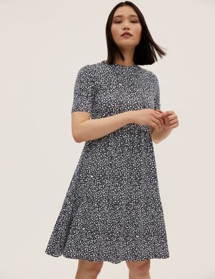 

Womens M&S Collection Jersey Printed Knee Length Tiered Dress - Navy Mix, Navy Mix