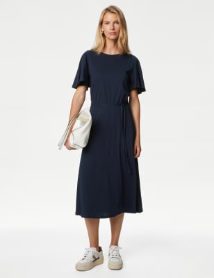 

Womens M&S Collection Pure Cotton Angel Sleeve Midi Tea Dress - Navy, Navy