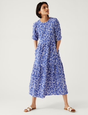 Printed Textured Midi Tiered Dress | Mu0026S DE