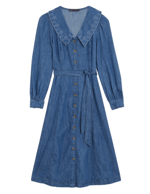 

Womens M&S Collection Denim Embroidered V-Neck Midi Waisted Dress, Denim