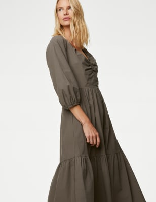

Womens M&S Collection Midi-Stufenkleid aus reiner Baumwolle mit Rüschen und V-Ausschnitt - Mole, Mole