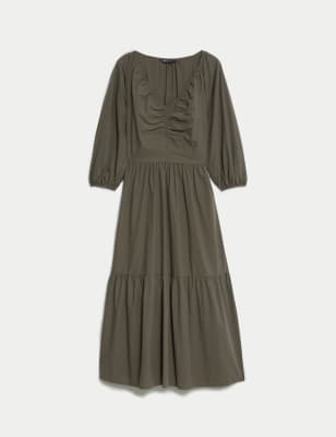 Pure Cotton V-Neck Ruched Midi Tiered Dress