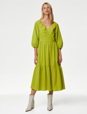 

Womens M&S Collection Pure Cotton V-Neck Ruched Midi Tiered Dress - Bright Lime, Bright Lime