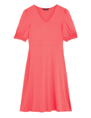 

Womens M&S Collection Jersey V-Neck Knee Length Skater Dress - Bright Coral, Bright Coral