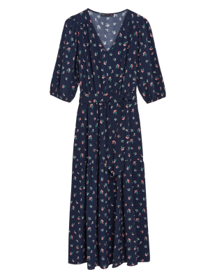 

Womens M&S Collection Floral Tie Front Puff Sleeve Midi Dress - Navy Mix, Navy Mix