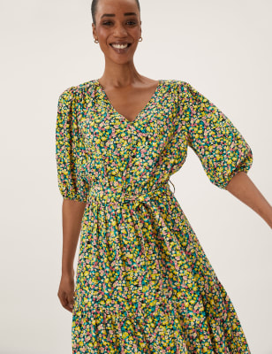 

Womens M&S Collection Floral Tie Front Puff Sleeve Midi Dress - Yellow Mix, Yellow Mix