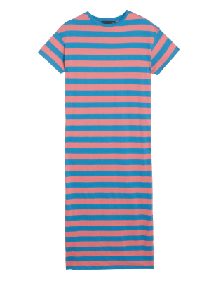 

Womens M&S Collection Pure Cotton Striped Midi T-Shirt Dress - Coral Mix, Coral Mix