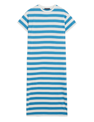 

Womens M&S Collection Midi-T-Shirtkleid aus reiner Baumwolle mit Streifenmuster - Blue Mix, Blue Mix