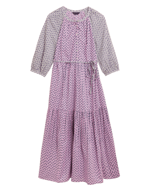 

Womens M&S Collection Pure Cotton Printed Midaxi Tiered Dress - Pink Mix, Pink Mix