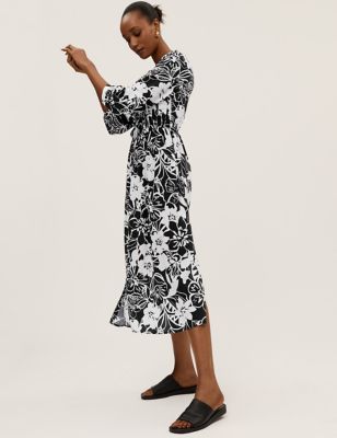 

Womens M&S Collection Floral V-Neck Shirred Midi Waisted Dress - Black Mix, Black Mix