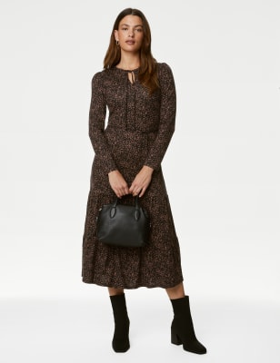 

M&S Collection Vestido de punto maxi a media pierna en capas estampado con lazo en el cuelloWomens - Brown Mix, Brown Mix