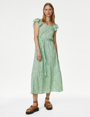 Pure Cotton Printed Square Neck Midi Dress