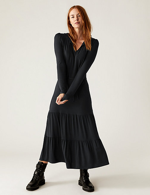 Marks And Spencer Womens M&S Collection Jersey Tie Neck Belted Midaxi Tiered Dress - Black, Black