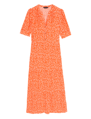 

M&S Collection Vestido cruzado floral a media pierna en capas de escote en picoWomens - Orange Mix, Orange Mix