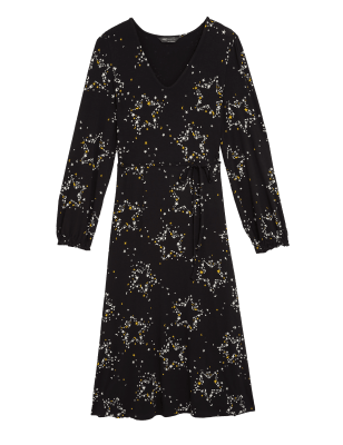 

Womens M&S Collection Jersey Star Print V-Neck Midi Tea Dress - Black Mix, Black Mix
