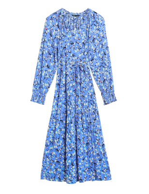 

Womens M&S Collection Floral V-Neck Tie Waist Midi Tiered Dress - Blue Mix, Blue Mix