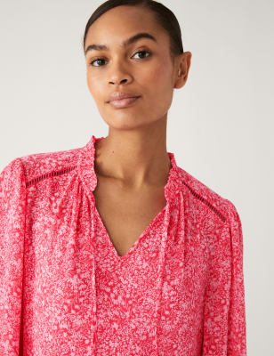 

Womens M&S Collection Printed Tie Neck Midi Tiered Dress - Pink Mix, Pink Mix