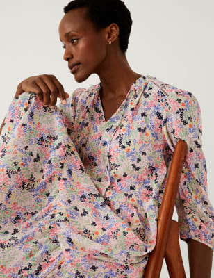 

Womens M&S Collection Printed Tie Neck Midi Tiered Dress - Multi, Multi