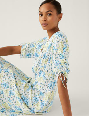 

Womens M&S Collection Printed V-Neck Shirred Midi Tea Dress - Yellow Mix, Yellow Mix