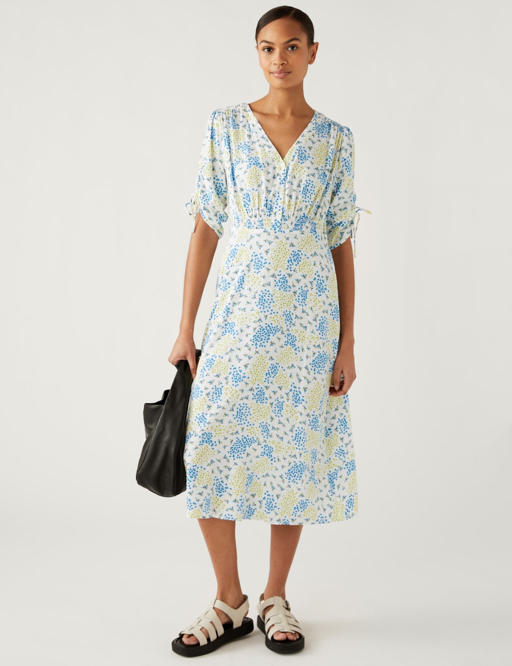 Printed V-Neck Shirred Midi Tea Dress image 2
