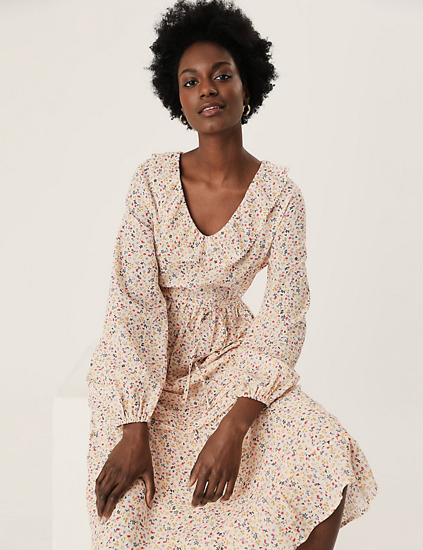 Pure Cotton Ditsy Floral Midi Waisted Dress - NZ