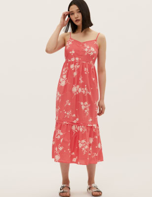 Pure Cotton Floral Midi Tiered Dress