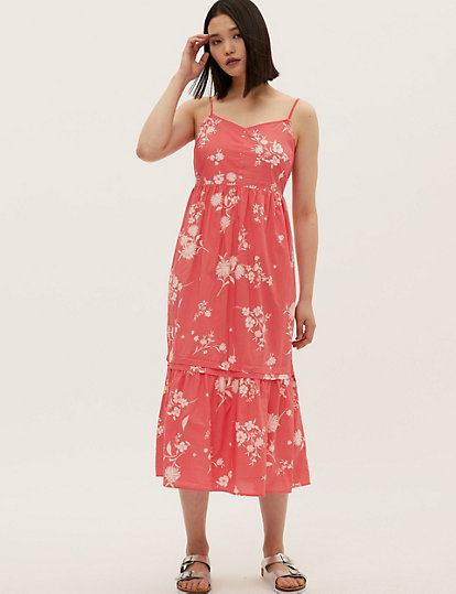 Pure Cotton Floral Midi Tiered Dress