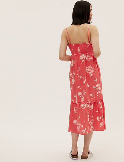 Pure Cotton Floral Midi Tiered Dress
