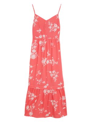 Womens M&S Collection Pure Cotton Floral Midi Tiered Dress - Coral Mix