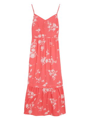 Womens M&S Collection Pure Cotton Floral Midi Tiered Dress - Coral Mix