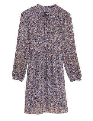 

Womens M&S Collection Sheer Ditsy Floral Tie Neck Mini Dress - Blue Mix, Blue Mix