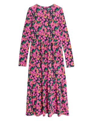 

Womens M&S Collection Jersey Printed Round Neck Midi Tiered Dress - Pink Mix, Pink Mix